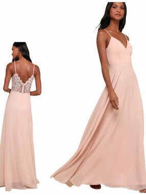 Lulu’s Romantic Ways Blush Pink Lace Button Back Maxi Dress NWT Large